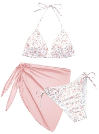 Vijamiy Bikini Damen Set 3 Teiliger Triangel Bikinis Push Up Neckholder Sexy Push Up V Ausschnitt Bademode mit Rock Swimsuit Set (Rosa,S)