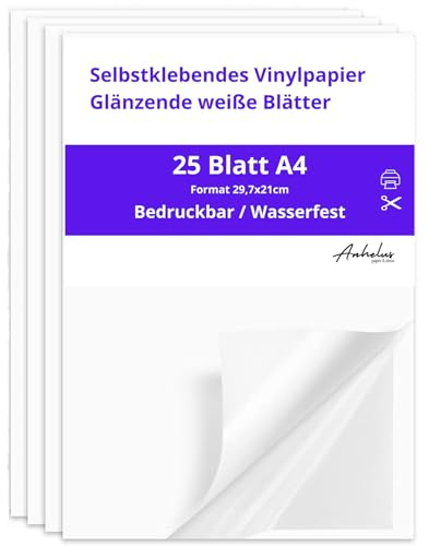 25 Printable Glossy White Vinyl Sticker Paper A4 | 25 Self Adhesive Sheets | Format 21x29.7cm | For Inkjet and Laser Printers | Waterproof Vinyl Paper for Labels, Stickers and Decals