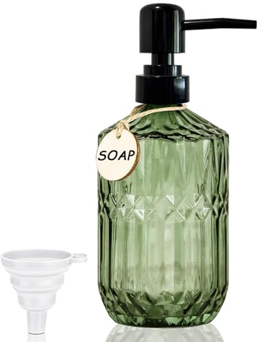 IBOCDWAMA 400ml Seifenspender Grün, Spüli Spender mit Hölzerne Etiketten | Nachfüllbarer Glas Seifenspender, Flüssigseifenspender für Bad, Küche, Handseife, Duschgel, Spülmittel, Schwarzer Pumpe