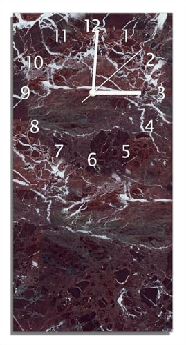 Wallario Design-Wanduhr, Acrylglasuhr Größe 30 x 60 cm, weiße Zeiger, Motiv Roter Marmor-Optik