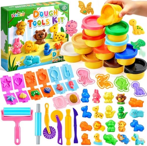 BYHANO Set d'accessoires de pâte à modeler pour enfants 39 pièces, set de pâte à modeler avec 12 pièces de pâte colorée, set d'outils de plastiline avec Dino & formes d'animaux 3D, set d'outils de