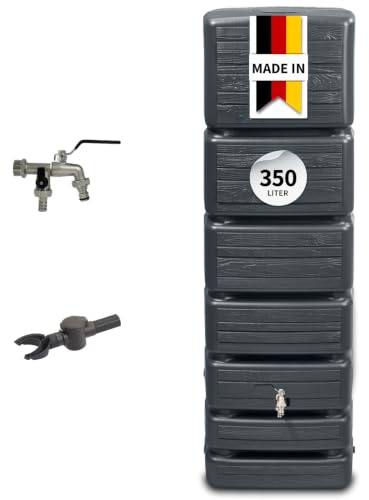 4rain Slim Wood Decor Regentonne Wandtank Komplett-Set 350 Liter | Graphite Grey inkl. Chrom-Doppelauslaufhahn und Fallrohranschluss