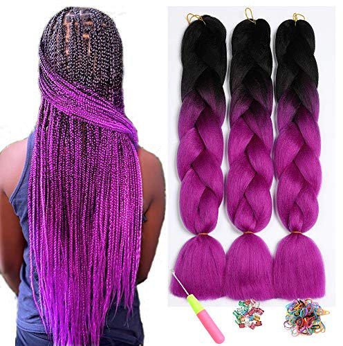 ShowJarlly Kanekalon - Capelli sintetici, extension per trecce Ombre Jumbo, 60 cm, colore nero/viola rosso