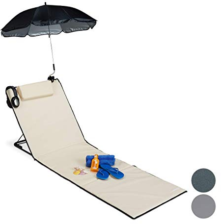 Relaxdays Strandmatte, gepolsterte Strandliege XXL mit Sonnenschirm, 3-stufig verstellbar, Kopfkissen, tragbar, beige