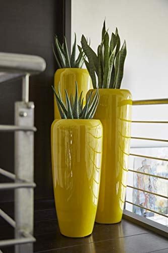 Moderne & Hochwertige Pflanzvase/Pflanzkübel – Fiberglas - Mit Einsatz – Indoor & Outdoor – Wetterbeständig & Frostsicher – Blumenkübel/Pflanzgefäß/Vase/Kübel (Höhe: 75cm, Glänzend Curry)
