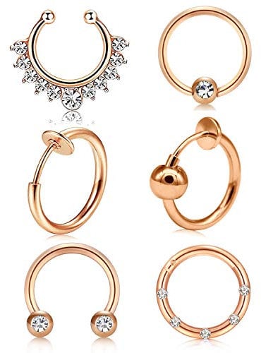 Longita 6pcs 316L Stainless Steel Septum Piercing Nose Rings Hoop Cartilage Tragus Earrings 16G Body Jewelry Rose Gold