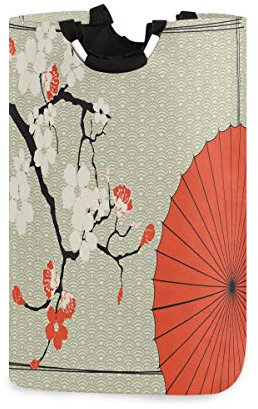 Mnsruu Japanese Umbrella Cherry Blossom Fan Laundry Basket Hamper Large Storage Bin with Handles for Gift Baskets, Bedroom, Clothes