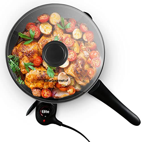 Elite Gourmet EG6207 - Sartén eléctrica antiadherente con tapa ventilada de vidrio, temperatura ajustable, color negro