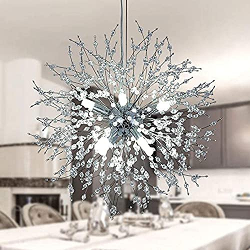 Yenisai Kronleuchter 9-Licht Golden Luxuriöse Pendelleuchte Modern Höhenverstellbar Löwenzahn Hängeleuchten Kristall Hängelampe für Schlafzimmer Esstisch-Silber_9 Köpfe