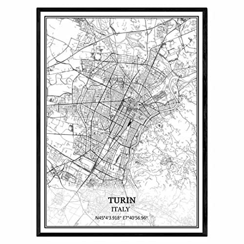TANOKCRS Turin Italien Karte Wandkunst Leinwand drucken Poster Artwork ungerahmt moderne Schwarz-Weiß-Karte Souvenir Geschenk Home Decor 41x51 cm