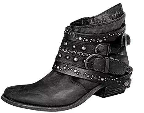 RTPR Stivaletti da donna da motociclista – Stivali con borchie tacco a blocco – comodi autunno inverno scarpe da donna con fibbie, stivali classici, stivali invernali per attività all'aria aperta,