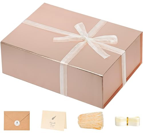 LIFELUM Geschenkbox für Geschenke, 35 x 21 x 11 cm, Roségold, Luxus-Geschenkbox mit magnetischem Deckel, Geschenkboxen enthält Karte, Band, geschreddertes Papierfüller, Geschenke für Frauen (1 Stück)