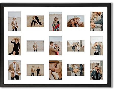 aFFa frames Bilderrahmen 60x80 cm - Holz Fotorahmen Tisar mit Acrylglas und HDF Rückwand - 15 Foto-Ausschnitten für 9 Fotos 10x15 cm und 6 Fotos 9x13 cm Schwarz