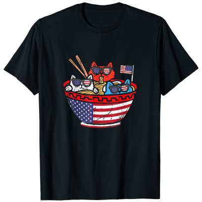 Cats Ramen Anime American Flag USA Funny 4th Of Juli Fourth T-Shirt