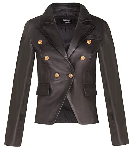 Ladies Black Real Leather Military Blazer Jacket