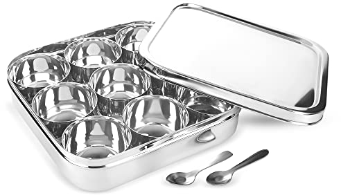 KSJONE Indian Spice Tin Stainless Steel Masala Dabba LARGE Curry Cooking Spice Tiffin Tin Box Kitchen Masala Container Spice Container 9 Compartments Storage Set