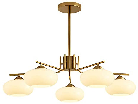KCO Sputnik Kronleuchter Gold,Pendelleuchte Glas 5-flammig,Hängeleuchte aus Milchglas Kugel,für Küche Insel Kronleuchter Esszimmer Leuchte