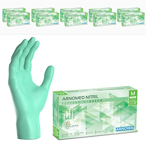 1000 Stk (10x100) ARNOMED Einweghandschuhe Grün, Einmalhandschuhe M, Nitril Handschuhe Einweg, Nitrilhandschuhe puderfrei, Gummihandschuhe Einweg, Schutzhandschuhe, Handschuhe Nitril XS, S, M, L, XL