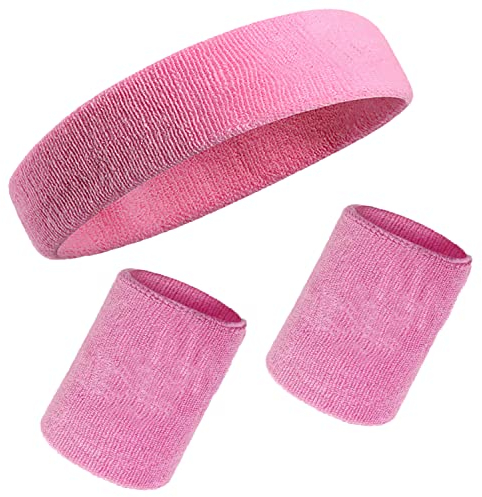 Schweißbänder Handgelenk Schweißbänder Stirnband Set Sport Wristbands Headbands 3 Stück,Sport Schweißband Armband Stirnbänder für Fußball Basketball Tennis Gymnastik (Pink)