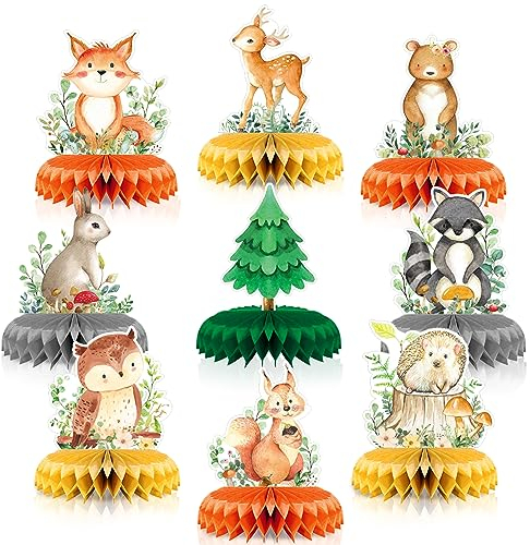 9 Stück Waben-Tafelaufsätze mit Waldtieren, 3D-Tischdekoration, Waldtiere, Babyparty-Dekorationen für Jungen und Mädchen, Wald-Motto-Geburtstagsparty-Dekorationen