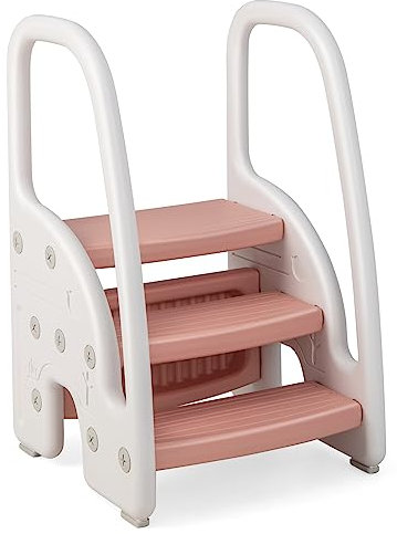 COSTWAY 3 stufiger Tritthocker für Kinder, Trittschemel höhenverstellbar mit Abnehmbarer Oberstufe & Rutschfester Fußpolster, Kinderschemel Trittleiter Lernturm 50 kg Belastbar (Rosa)