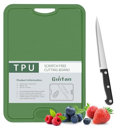Gintan Tagliere Flessibile in TPU, Senza BPA, con Fessure per Coltello e Succo, Tagliere Flessibile Antigraffio per Cucina, Lavabile in Lavastoviglie, Manici Facili da Impugnare(verde scuro)