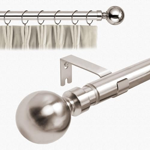 Aspire Homeware Curtain Poles Metal Plain Ball Extendable Curtain Pole 70 cm to 120 cm Brushed Silver Adjustable Curtain Rod 28 mm Diameter with 60 mm Finials, Rings, Brackets, and Fittings Set