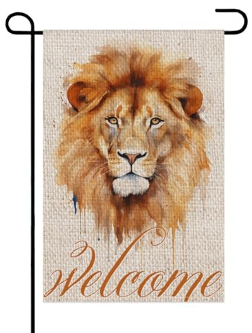TopPacific Drapeau de jardin en lin Lion de bienvenue 30,5 x 45,7 cm double face à l'extérieur, printemps, été, automne, hiver, saisonnier, Thanksgiving, Noël, cour, drapeau décoratif d'extérieur