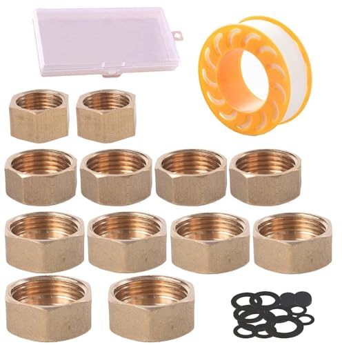 SVOCK 12pcs Tappo per Tubo in Ottone, Tappo 1/2 Femmina con Guarnizione, Tappo Femmina 3/8 1/2 3/4 1 in, Tappi per Tubi Esagonali in Ottone, Tappi di Scarico Della Lavatrice con Scatola Portaoggetti
