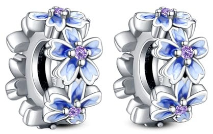 Annmors 925 Sterling Silber Purple Flowers Stopper für Europäische Armbänder Halskette Perlen mit 5A Zirkonia,Weihnachten,Valentinstag,Muttertag,Geschenkanhänger für Frauen und Mädchen 2-Stück/Paket