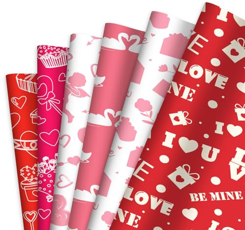 100 Blatt Geschenkpapier Valentinstag, 45x35cm Valentinstag Musterpapiere Dünnes Papier Valentinstag Dekoratives Papier für Hochzeit Jahrestag Verpackung Taschen (6 Designs)
