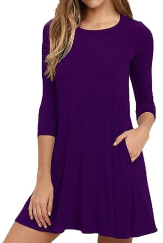Anelune Women's A-line Tshirt Dress | with Pockets, 3/4 Long Sleeve, Knee Length, Round Neck, Autumn Casual Wear
