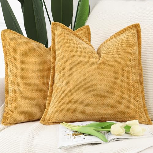 Madizz 2er Set Chenille Samt mit Rand Kissenbezüge Weiche Dekorativ Zierkissenbezüge Modern Kissenhülle für Sofa Wohnzimmer Schlafzimmer Gelb 40x40 cm