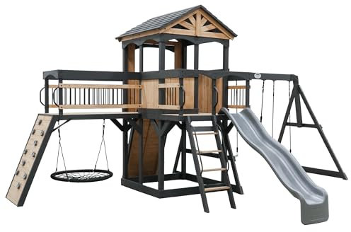 Backyard Discovery Timber Crossing | Outdoor Playground for Kids, Garden Play Equipment for Children | All Cedar Wood Playset/Climbing Frame with Wave Slide, Two Belt-Swings, Web Swing & Trapeze
