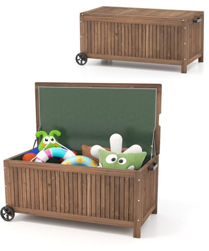 GOPLUS Coffre de Jardin en Bois de Sapin de 213 L, Boîte de Rangement Extérieur avec Doublure PE Imperméable Amovible, Roues, Poignée,Conteneur pour Terrasse, Porche, Jardin, Charge 50KG