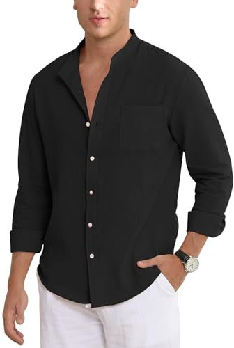 NANAMEEI Chemise Homme Lin Manches Longues Chemise Homme Coupe Décontractée Boutonné Eté de Plage Noir L