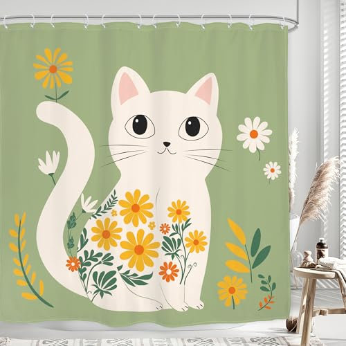 Glawry Lot de 12 crochets de rideau de douche bohème motif chat vert, animal mignon, moderne, fleur rétro, dessin animé, feuilles de plantes, salle de bain pour filles, enfants, 183 x 183 cm (l x L),