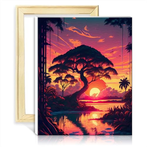 LiHEQING Malen nach Zahlen, tropischer Sonnenuntergang, DIY-Ölgemälde mit Pinseln und Acrylpigment auf Kunst-Malen-nach-Zahlen-Set, OHNE Rahmen (60 x 75 cm)