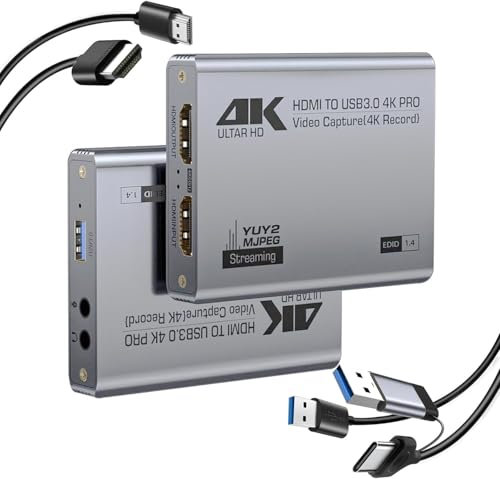 Carte de capture vidéo HDMI 4K, carte de capture audio, carte de capture USB 3.0 4K HDMI Loop-Out, 1080P 60FPS/2K 30FPS Video Game Capture pour streaming Fonctionne pour PS5/Switch/Caméra/PC/OBS
