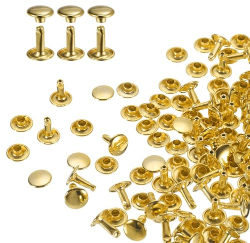 QUARKZMAN 100er Set Leder Nieten 9x10mm Runde Doppelkappe Tubular Metall Hohlnieten Spitznieten Zubehör Schraubnieten Rücknieten für Lochzange Gürtel Dekoration Kleidung Handwerk (Gold)