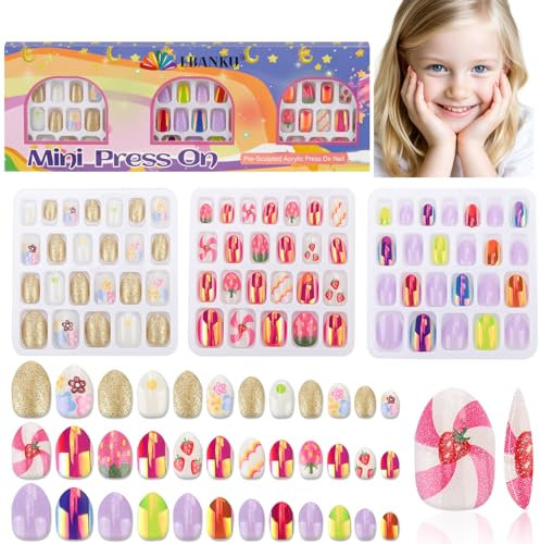 72 Pieces Press on Nails for Kids, EBANKU 3 Pack Kid Fake Nail Kit Pink Purple Gold Strawberry Flower Press on Nails for Girls 7-12 Years with Jelly Nail Adhesives