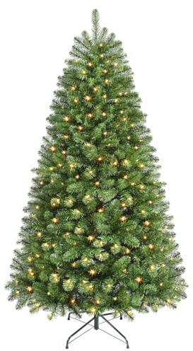 SHareconn 7ft Pre Lit Christmas Tree with 320 Warm White LED Lights, 8 Adjustable Lighting Modes, 1076 Branch Tips, Foldable Metal Stand, Artificial Christmas Trees for Home Party Decoration, Green