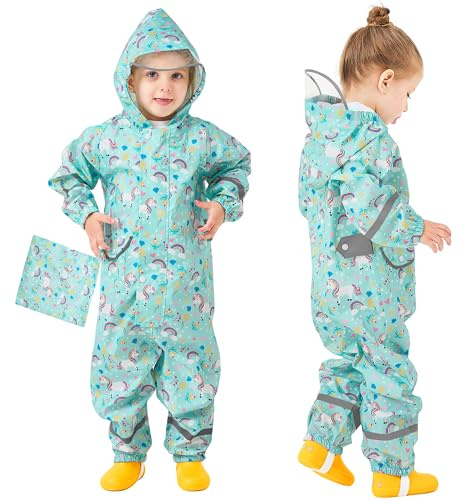 Domueay Imperméable Enfants Filles Combinaison de Pluie Respirant Léger Vetement de Pluie avec Capuche Zip Vêtements Imperméables pour Enfants 3-5 Ans, Vert
