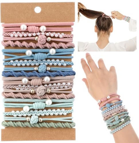 20 Stück Boho Haargummis mit Perlen, Armband Haargummi Mädchen, Weiche Geflochtener Zopfgummi, Elastische Pferdeschwanzhalter, Haargummi Armbänder für für dünnes/dickes/mittleres/langes Haar