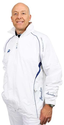 Henselite Men's Waterproof Lawn Bowling Jacket in White & Blue.