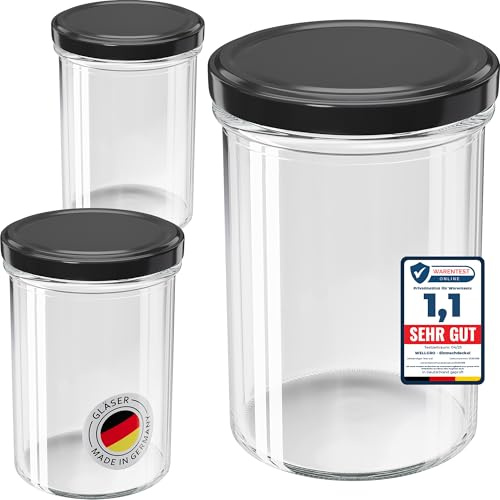 WELLGRO 25x Einmachgläser 435ml – Schraubdeckel TO82 schwarz – Made in Germany – Vorratsgläser, Marmeladengläser, Aufbewahrungsgläser & Gärgläser