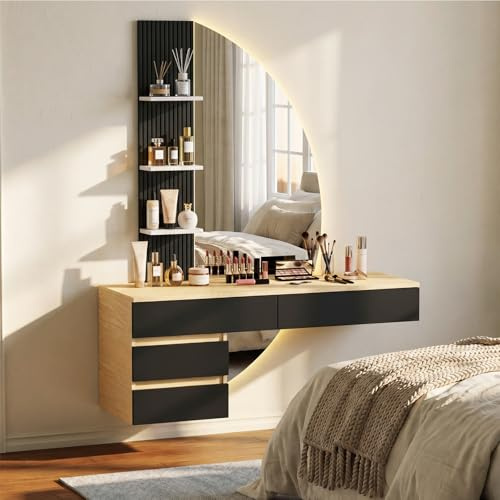 JUMMICO Wand-Schminktisch mit LED-beleuchtetem HD-Spiegel, dimmbarer Helligkeit & großem Stauraum, platzsparender moderner Frisiertisch für Schlafzimmer, Schwarz/Eiche (Schwarz)