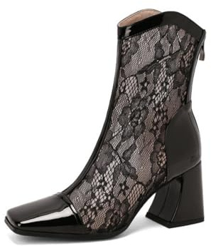 Generico Stivaletti Caviglia Donna Pizzo Floreale Punta Quadrata Tacco Basso Stivaletti Vernice Pelle Mesh Pizzo Trasparente Stivaletti Caviglia con Chiusura Cerniera