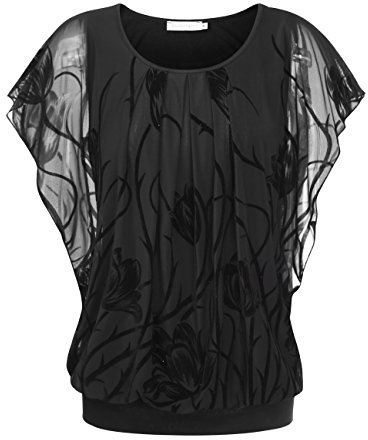 BAISHENGGT Damen Sommer Netz Bluse Flatter Kurzarm Tshirt Rundkragen Falten Elegant Oberteile Top Blusen Schwarz-Tulpe XXL