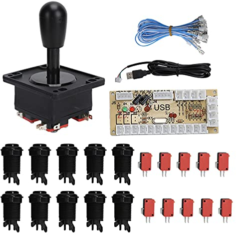 Kit de botones y joystick arcade, kit de bricolaje de joystick LED de botones de arcade con retardo cero con 10 botones y codificador USB, kit de joystick profesional de bricolaje (18*12*9cm-negro)